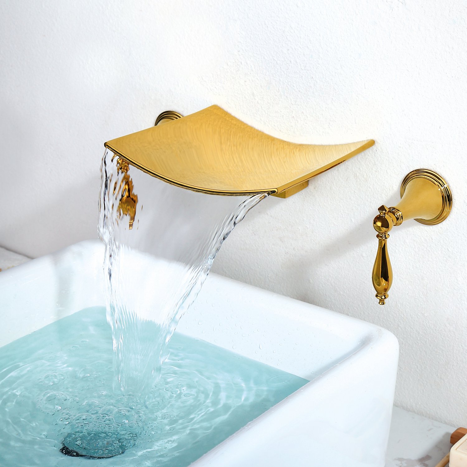 2-Handle Waterfall Wall Mount Widespread Bathroom Sink Faucet Basin Tap Gold