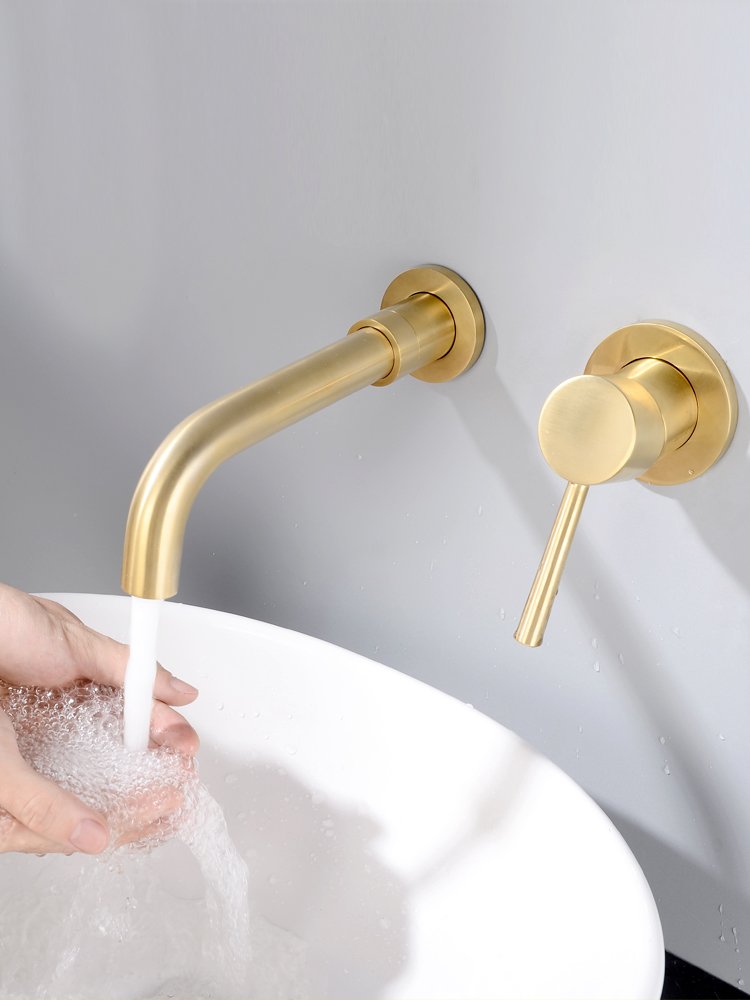 Brushed Brass Wall Mounted Bathroom Faucet Single Lever Swivel Tap Sink Faucets