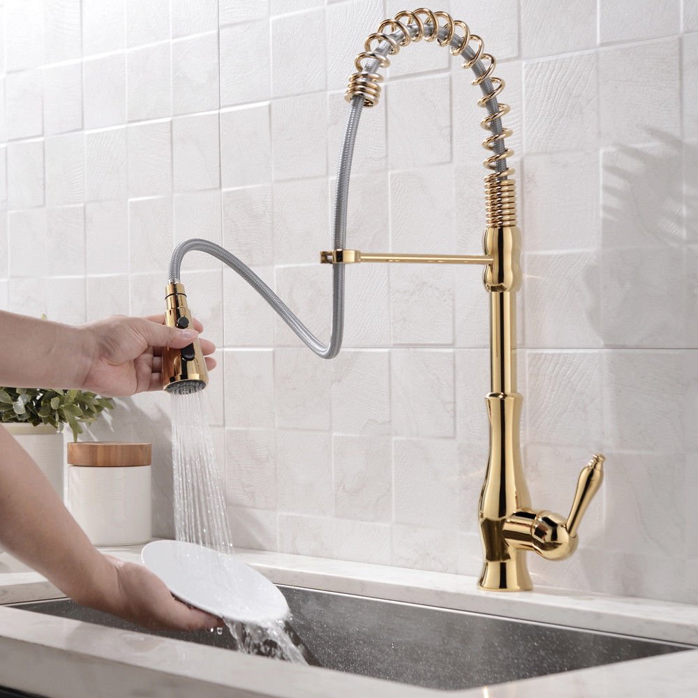 Modern Gooseneck Single Handle 3-Function Pull Out Sprayer Gold Kitchen Faucet