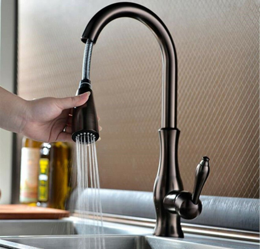 ORB Pull Out Sprayer Kitchen Bar Sink Mixer Faucet Single Hole Deck Mount Brass