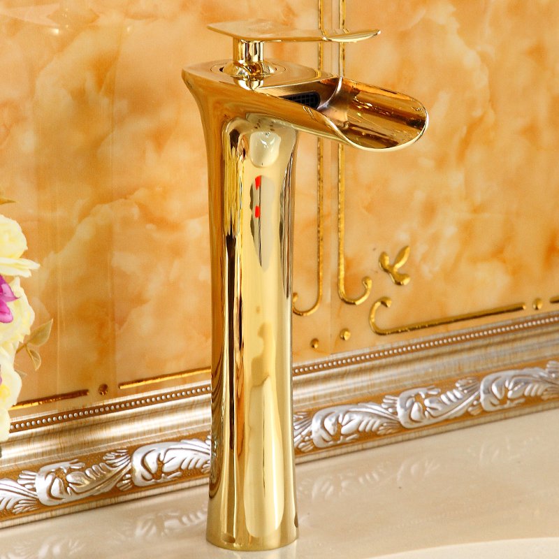 Tall Bathroom Basin Faucet Waterfall Spout Sink Vessel Mixer Tap Gold color