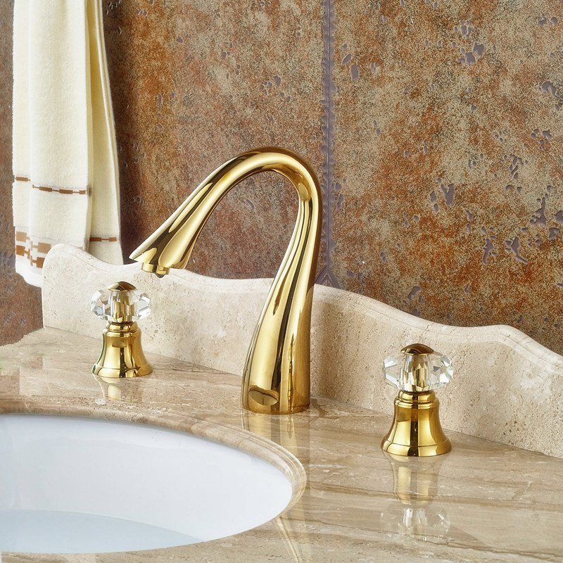 Gold PVD Widespread 3pcs Bathroom Sink Faucet Crystal Knobs Basin Mixer Tap