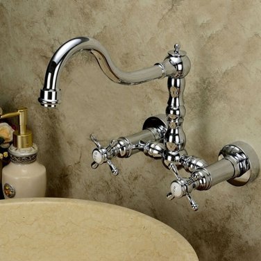 Chrome Polish Bathroom Sink Faucet Swivel Spout Dual Handle Mixer Tap Wall Mount