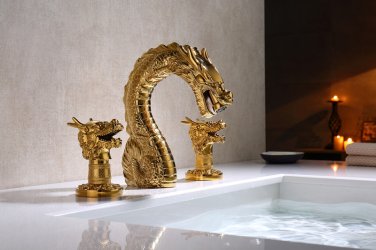Gold Pvd 3 Pcs 8" WIDESPREAD LAVATORY BATHROOM SINK DRAGON FAUCET mixer tap Luxury