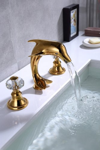 Gold Pvd 8 inch widespread lavatory sink faucet dolphin faucet Crystal handles