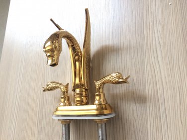 deck mounted Swan Sink Faucet mixer tap Brass PVD ti- Gold 4" Center Hole swan handles