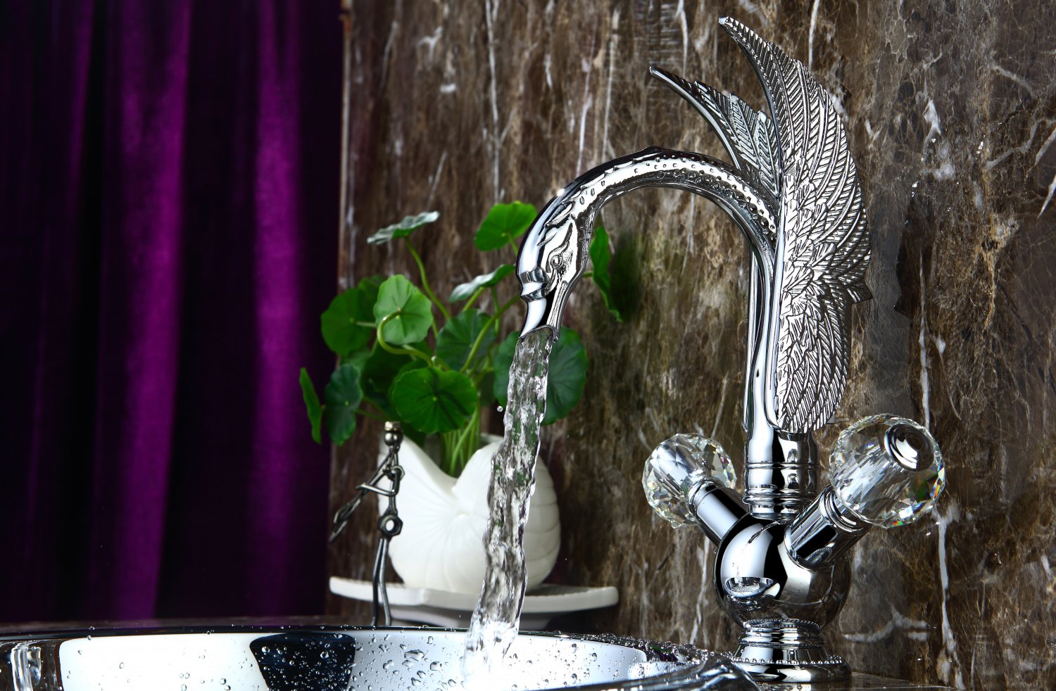 CHROME single hole Double Crystal handles bathroom basin swan faucet mixer tap New