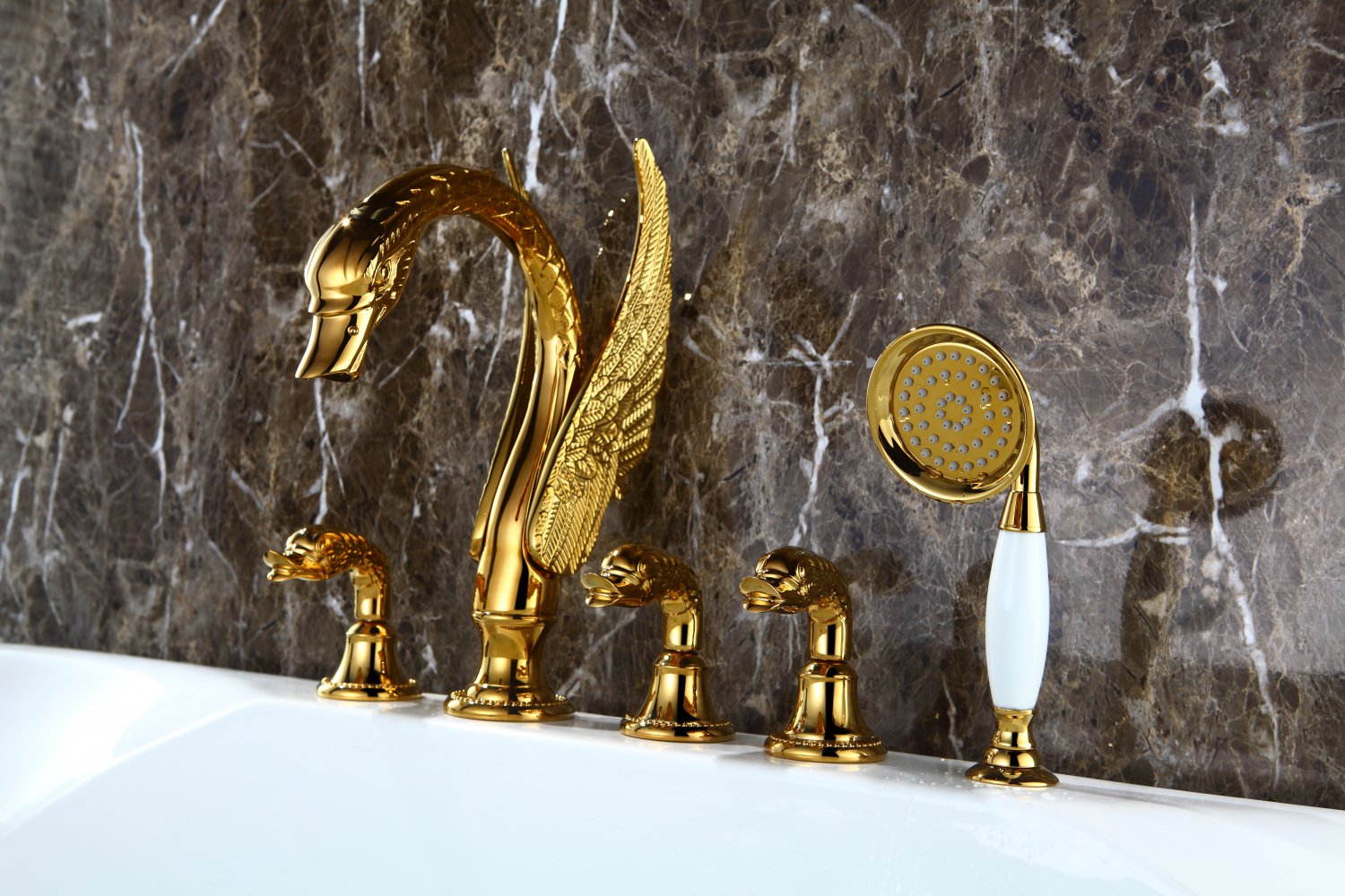 PVD Gold finish 5pcs Widespread swan bathtub and shower faucet Luxury tub mixer tap
