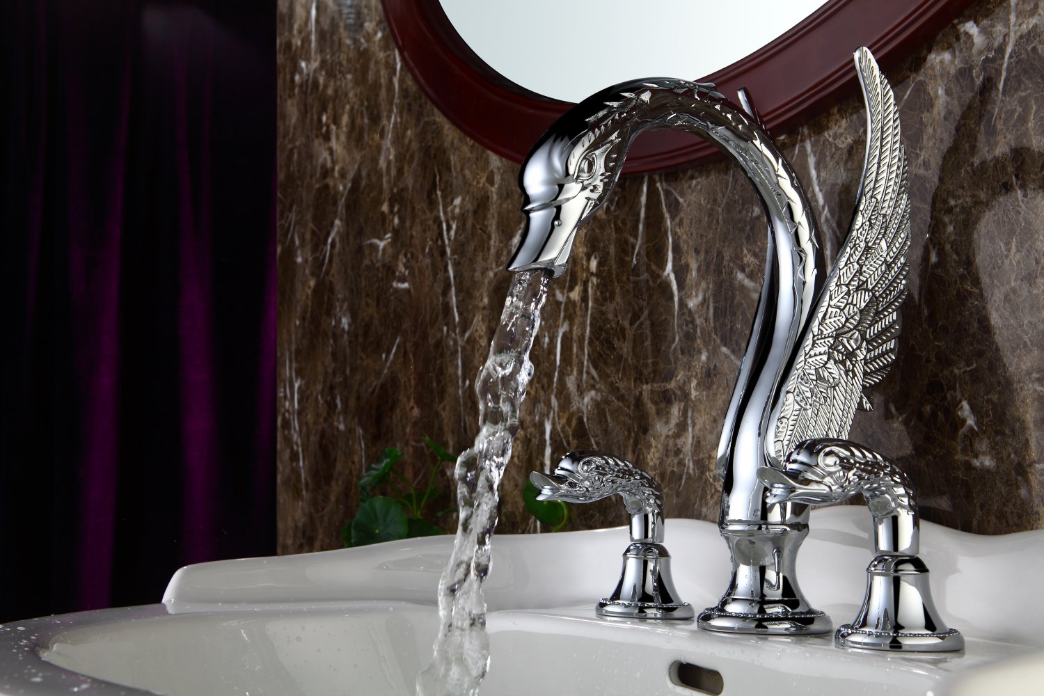 Free shipping 3 PIECE ROMAN TUB SWAN FAUCET BATHROOM WIDESPREAD SWAN SINK FAUCET swan handles