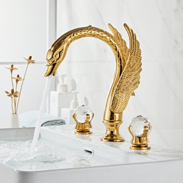 Gold Swan sink faucet 3 Hole 8" widespread lavatory basin mixer tap Crystal Knob