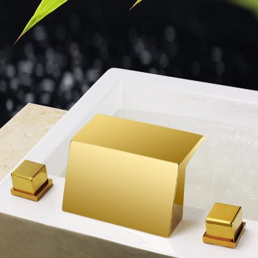 Gold PVD 3 pcs widespread Waterfall Bathroom Bath Roman Tub Faucet Square