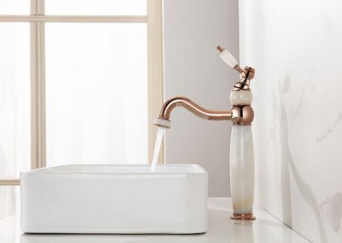 New Jade stone WHITE single hole rose gold Bathroom Sink Faucet Vessel tall Tap