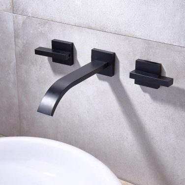 Wall Faucet Two square Handles Bathroom Sink Wall Mount Faucet black