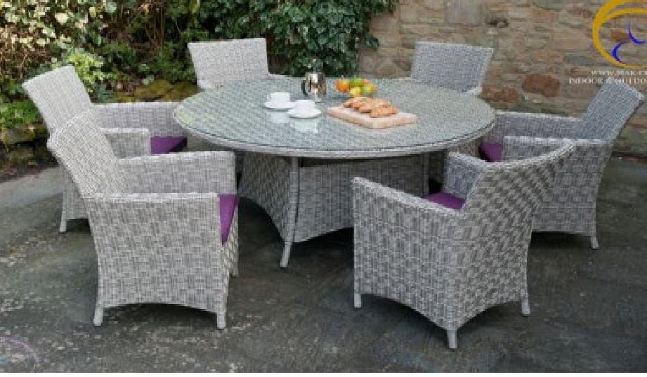 Large 7 Piece Round Glass Top Grey Wicker PE Rattan Outdoor Dining Set