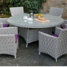 Large 7 Piece Round Glass Top Grey Wicker PE Rattan Outdoor Dining Set 6 Chairs