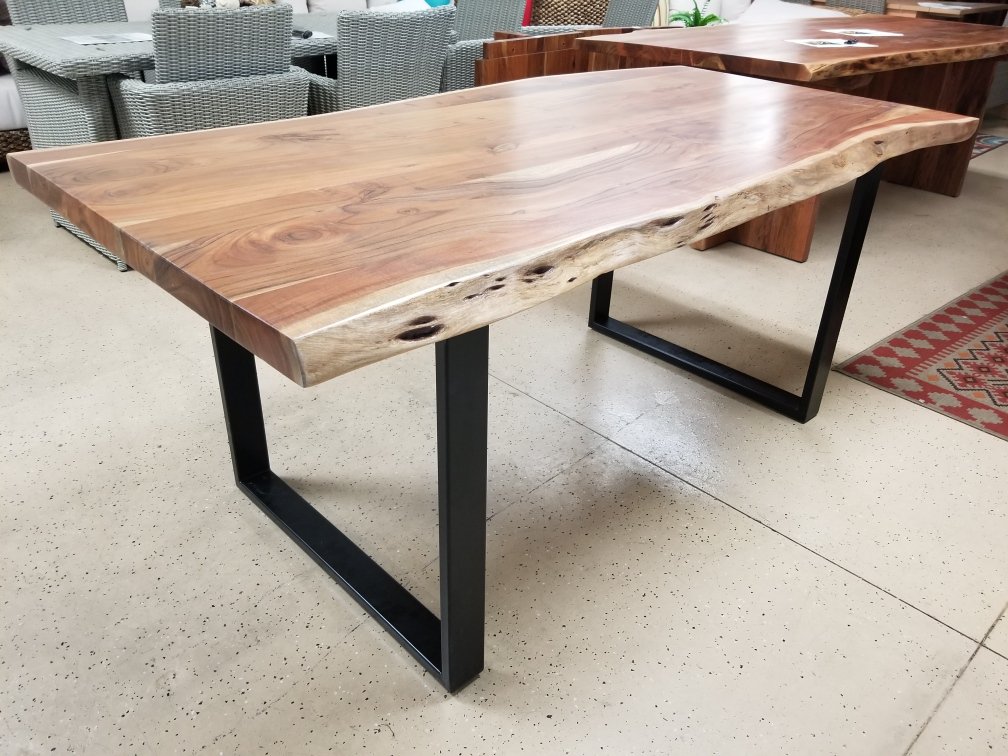 72" Long Solid Acacia Wood Live Edge Dining Table with Metal Legs