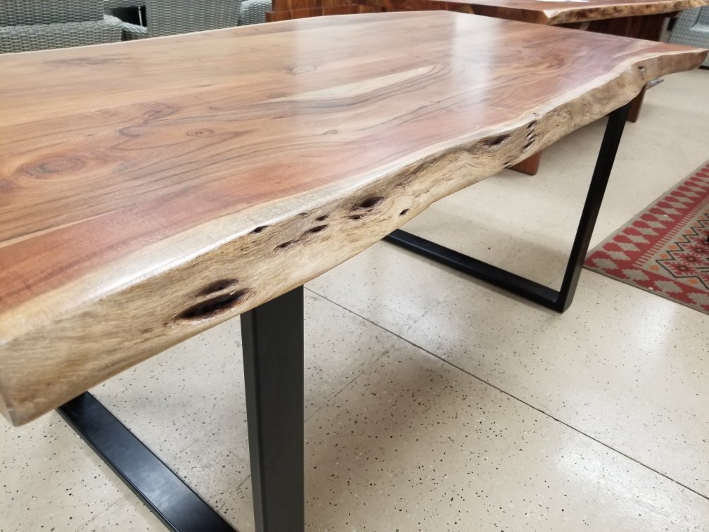 72" Long Solid Acacia Wood Live Edge Dining Table with Metal Legs