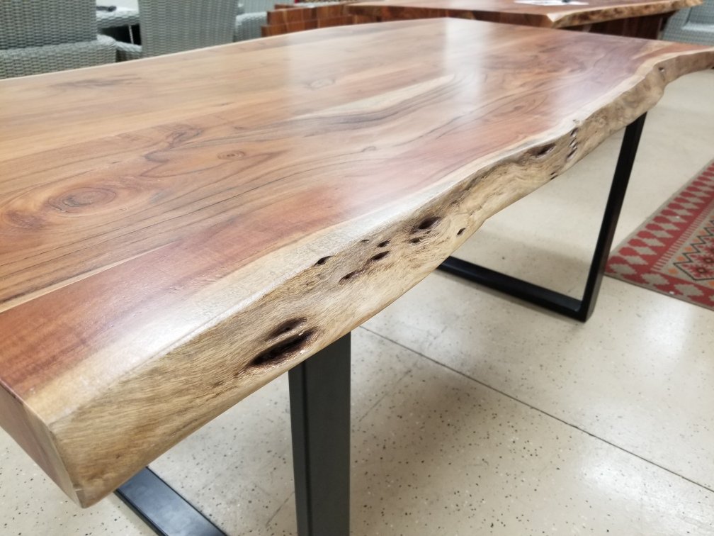 72" Long Solid Acacia Wood Live Edge Dining Table with Metal Legs