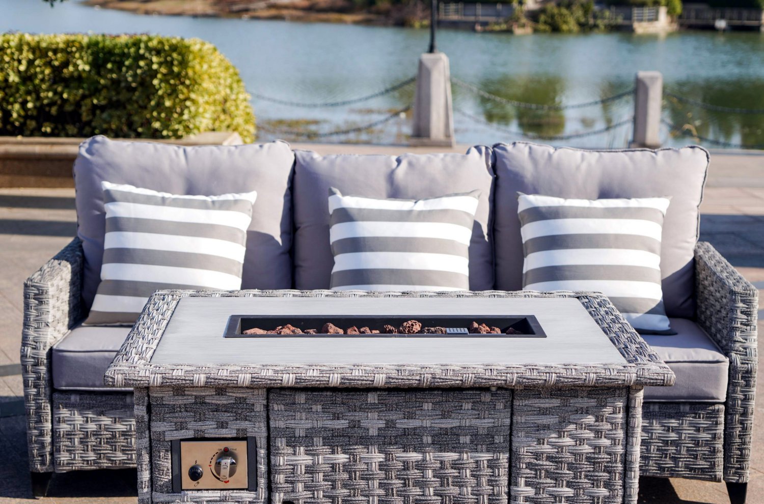 NEW Modern Grey Wicker 5 Piece Outdoor Patio Furniture Set w/ Gas Fire Pit