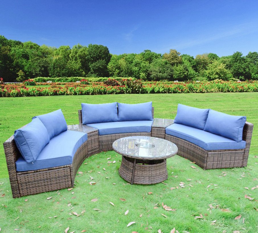 New Modern Rounded Curved Outdoor Wicker / Rattan Patio Furniture Set + Ice Cooler Coffee Table