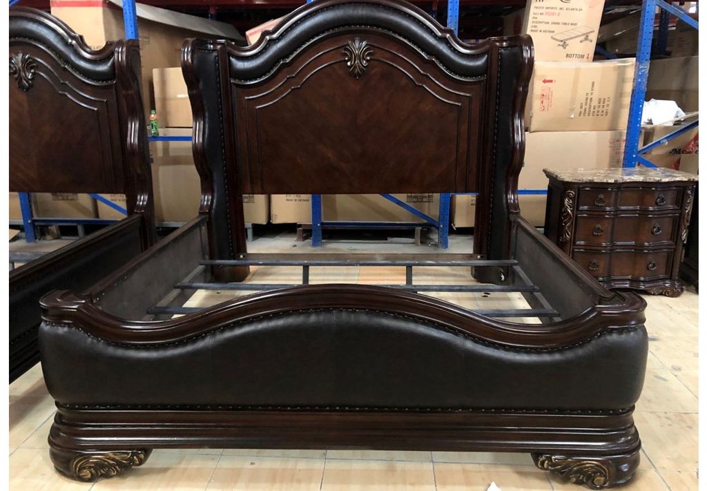 High Quality Hand Carved QUEEN Bed Frame w/ Headboard Leather Style