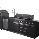 NEW 3 Piece Black Stainless Steel Outdoor BBQ Kitchen Grill Island w/ Refrigerator Sink Pizza Oven