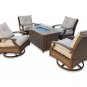 5 Piece Outdoor Patio Furniture Set w/ Fire Pit + 4 Swivel Rocker Aluminum Chairs Sunbrella Upgrade