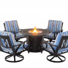 New 5 Piece Outdoor Patio Furniture Fire Pit Set Cast Aluminum Bronze 4 Chairs + Table Blue Stripe