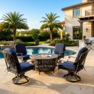 New 5 Piece Cast Aluminum Patio Fire Pit Conversation Set Antique Bronze w/ Sunbrella Navy Cushions New 5 Piece Cast Aluminum Patio Fire Pit Conversation Set Antique Bronze w/ Sunbrella Navy Cushions