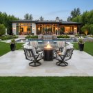New 5 Piece Outdoor Patio Furniture Fire Pit Set Cast Aluminum Bronze 4 Chairs + Table Grey Stripe