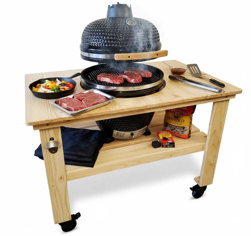 NEW XL Size 26" Ceramic Egg Kamado BBQ Grill Smoker w/ Wood Table Pizza Stone + Cover