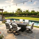 New 7 Piece Cast Aluminum Outdoor Patio Double Fire Pit Dining Table Set Antique Bronze New 7 Piece Cast Aluminum Outdoor Patio Double Fire Pit Dining Table Set Antique Bronze
