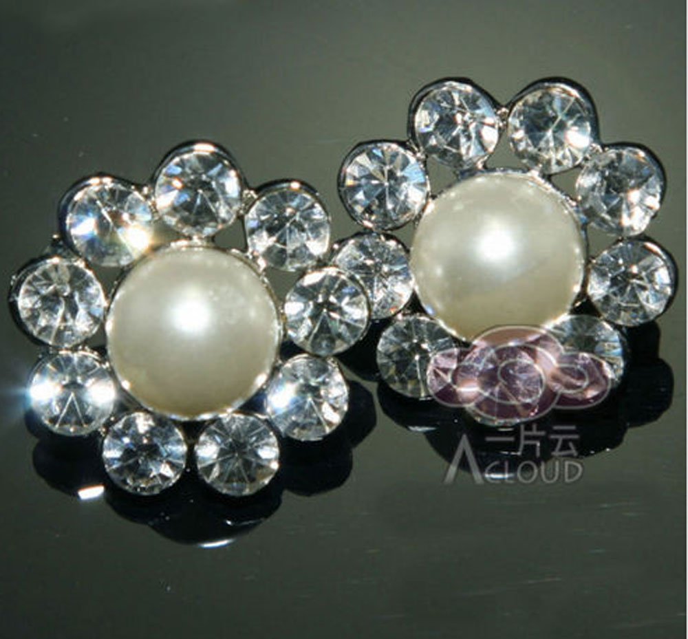 6 PCS SILVER RHINESTONE CRYSTAL SHANK CREAM WHITE PEARL SEW-ON DRESS BUTTONS