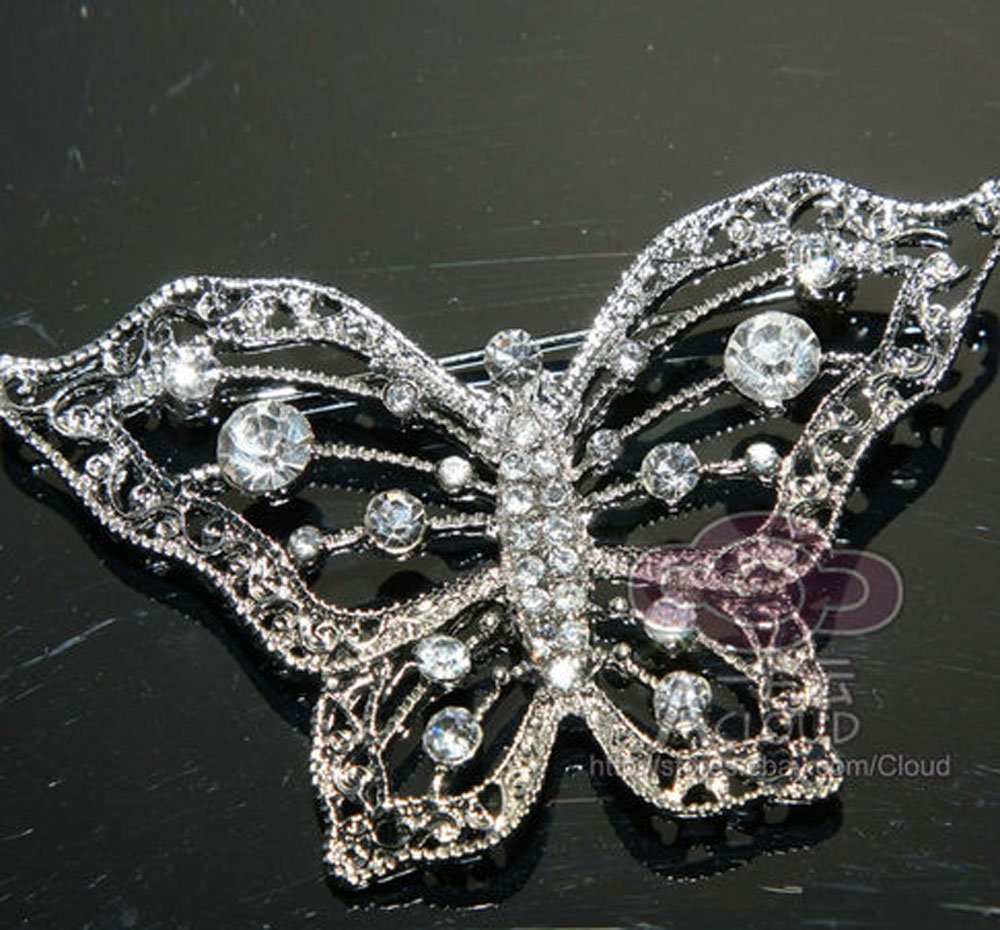 BUTTERFLY RHINESTONE CRYSTAL BRIDAL WEDDING HAIRPIECE CAKE DECORATION BROOCH PIN