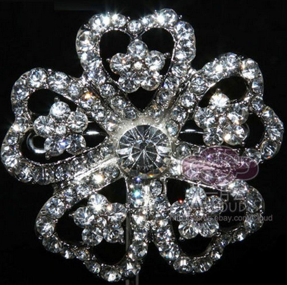 RHINESTONE CRYSTAL BRIDAL WEDDING HEART FLOWER BOUQUET CLUSTER SILVER BROOCH PIN