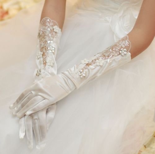WHITE SILVER LACE WEDDING BRIDES SATIN RHINESTONE ELBOW GLOVES