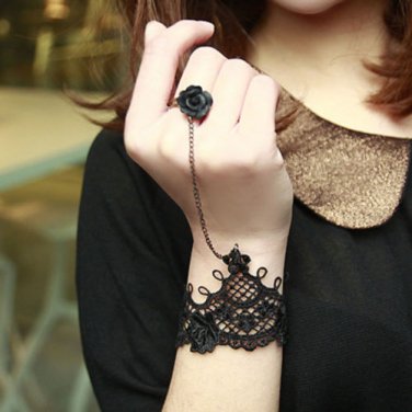 A PAIR GOTH BLACK LACE ROCOCO SLAVE BRACELET WITH BLACK ROSE GLOVES