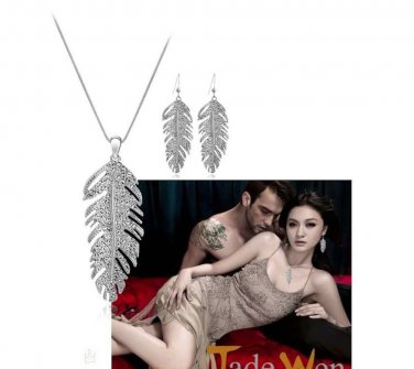 FEATHER DANGLE RHINESTONE CRYSTALS GOLD SILVER CHANDELIER EARRINGS/NECKLACE SET