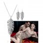 FEATHER DANGLE RHINESTONE CRYSTALS GOLD SILVER CHANDELIER EARRINGS/NECKLACE SET