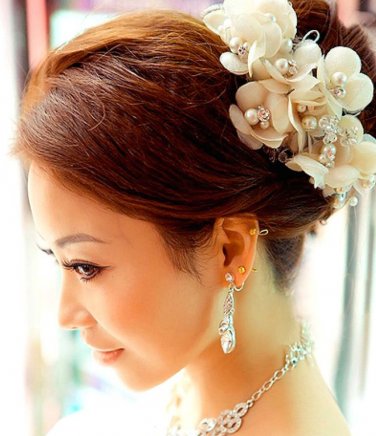 IVORY SILK FLOWER BRIDAL WEDDING FAUX PEARL BEADAS CRYSTAL HAIR HEADBAND TIARA