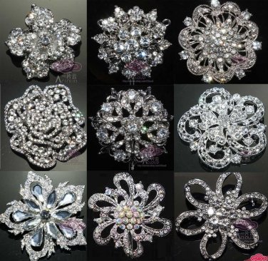 LOT OF 4 RANDOM MIX BRIDAL FLOWER BOUQUET CRYSTAL RHINESTONE WEDDING BROOCH PIN
