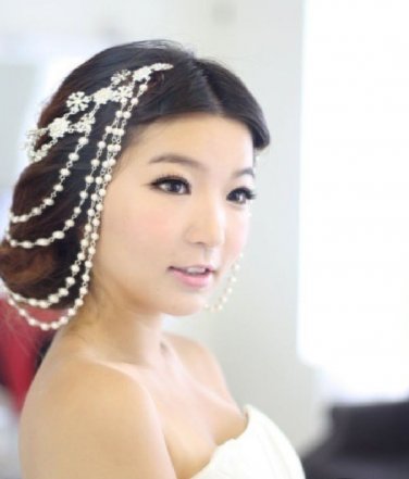 RHINESTONE WEDDING 4 ROWS OFF WHITE PEARL HAIR HEADPIECE CHAIN HAIR CLIPS