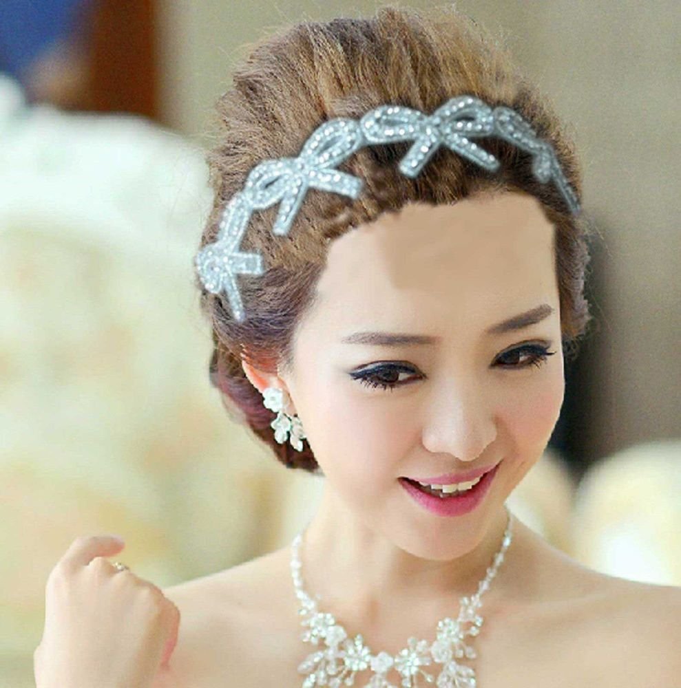 Ribbon Bow Applique Beaded Glass Crystal Rhinestone Wedding Hairband 6560