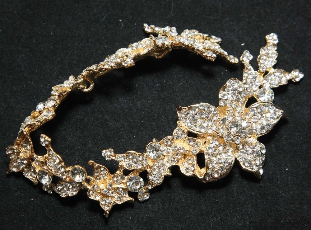 LOT OF 4 BRIDAL WEDDING RHINESTONE CRYSTAL FLOWER GOLD HAIR APPLIQUE CHAIN