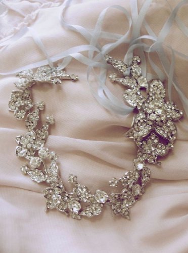 Bridal Wedding Rhinestone Crystal Hair Tiara White Ribbon Silver Headband -EU
