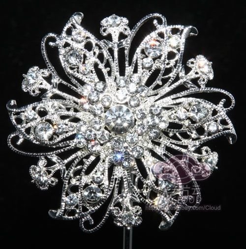 RHINESTONE CRYSTAL BRIDAL WEDDING CAKE FLOWER BOUQUET SILVER BROOCH PIN -CA