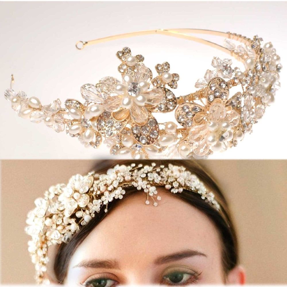 Gold Flower Bridal Wedding Tiara Pearls Beads Rhinestone Crystal ...