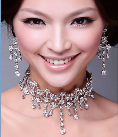 Wedding Bridal Rhinetone Crystal Tassel Hair Tiara/ Choker Necklace Earrings -CA