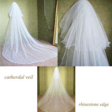 Classic 3m Long 2 Tiers White/Ivory Acrylic Stone Soft Tulle Wedding Bridal  -CA