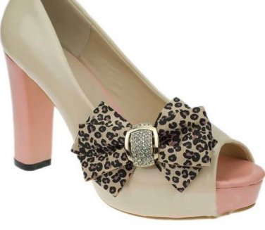 Elegant Leopard Ribbon Bow Rhinestone Crystal Buckle High-Heel Shoe Clips -CA